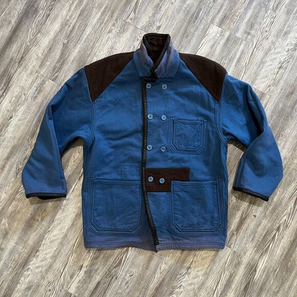 Vintage French Wool Cotton Reversible Work Chore Jacket Brown Blue - Picture 7 of 9